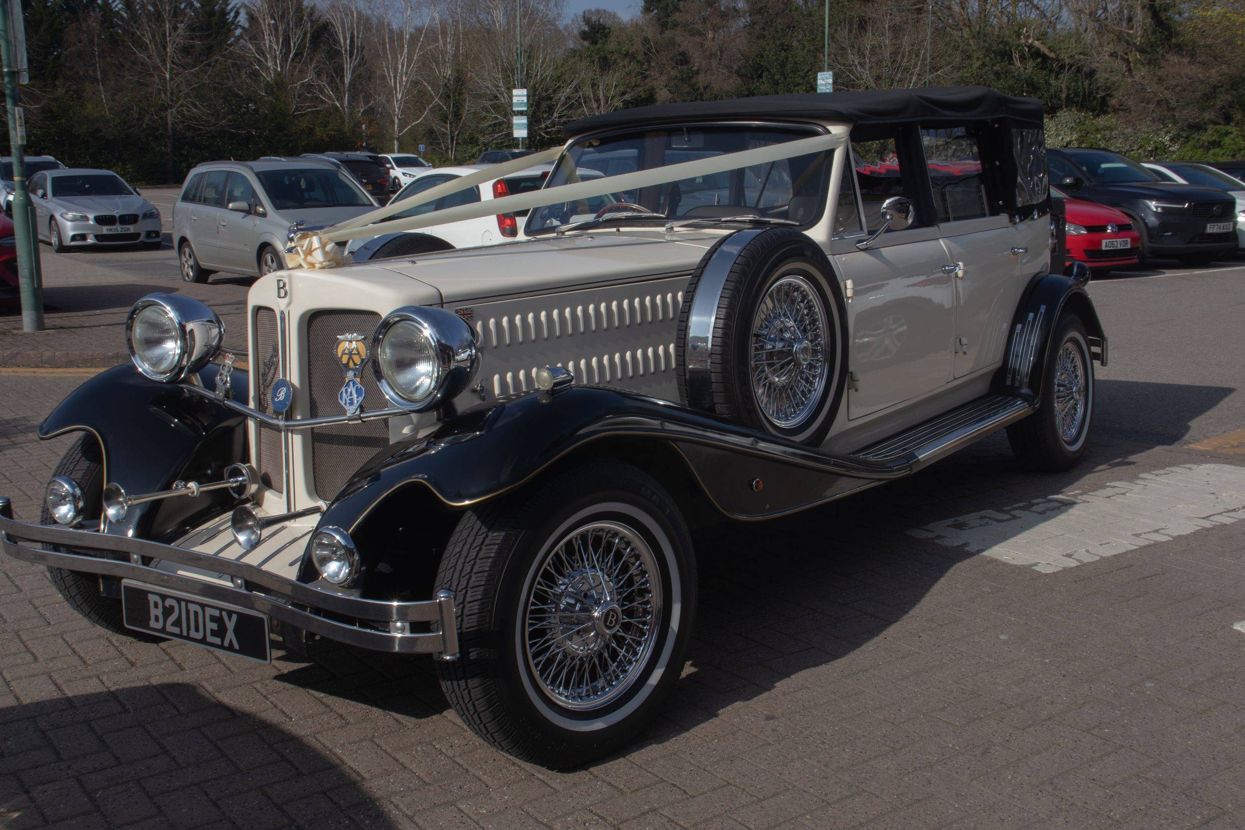 Checka and Matthew with the vintage wedding car